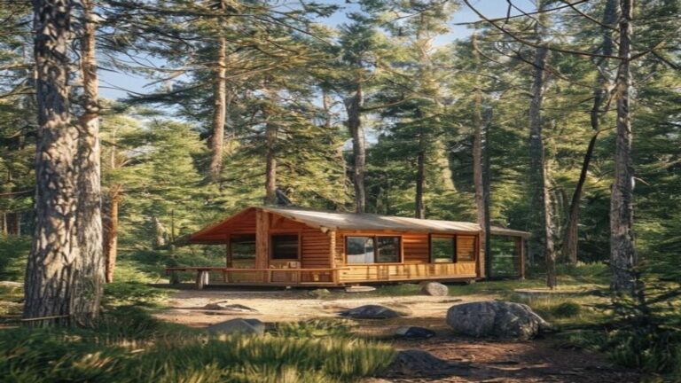 Houten trekkershut op een camping in het bos