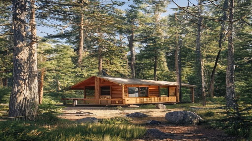 Houten trekkershut op een camping in het bos